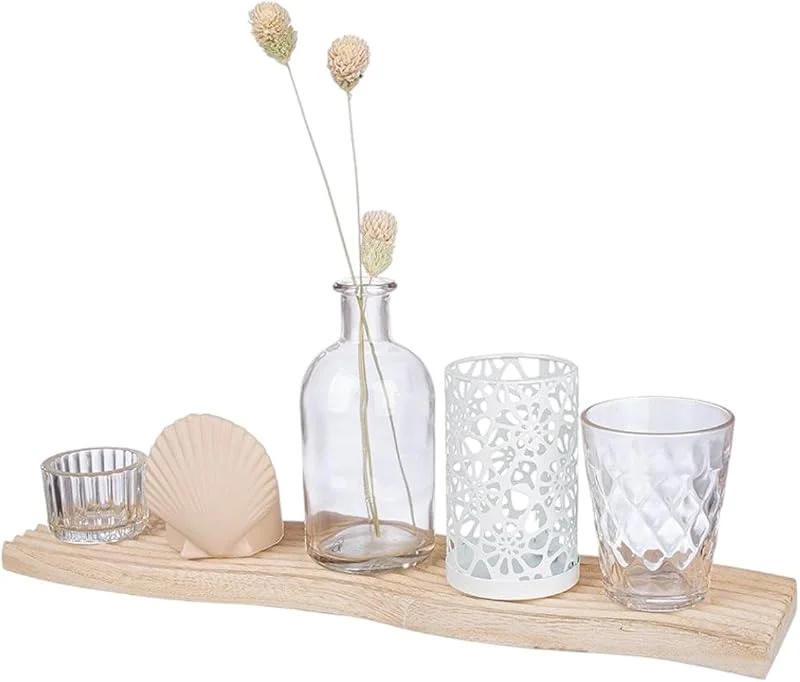 Besuche den GILDE-Store GILDE Dekotablett Geschenkset 6 teilig Meeresdeko – Beach Deko Teelichthalter Glas Keramik Muschel mit Tablett kleine Vase Trockenblumen – Teelichthalter Set mit Tablett -Tischdeko Wohnzimmer modern — Kerzenlicht Abendessen