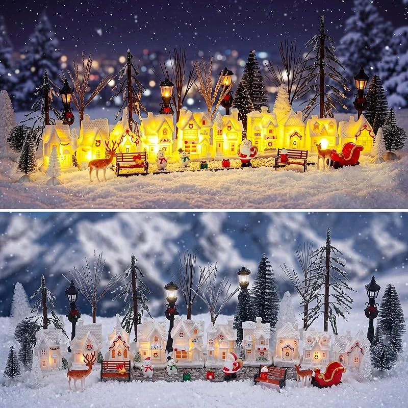 Marke: Queekay Queekay 48-teiliges beleuchtetes Weihnachtsdorf-Set mit LED-Häusern, Mini-Zubehör, DIY-Weihnachtsdorf mit Baum, Hirsch, Straßenlaterne, Bank, Tischdekoration, Urlaub (schneeweiß, Harz, gemischte — Weihnachtsdeko
