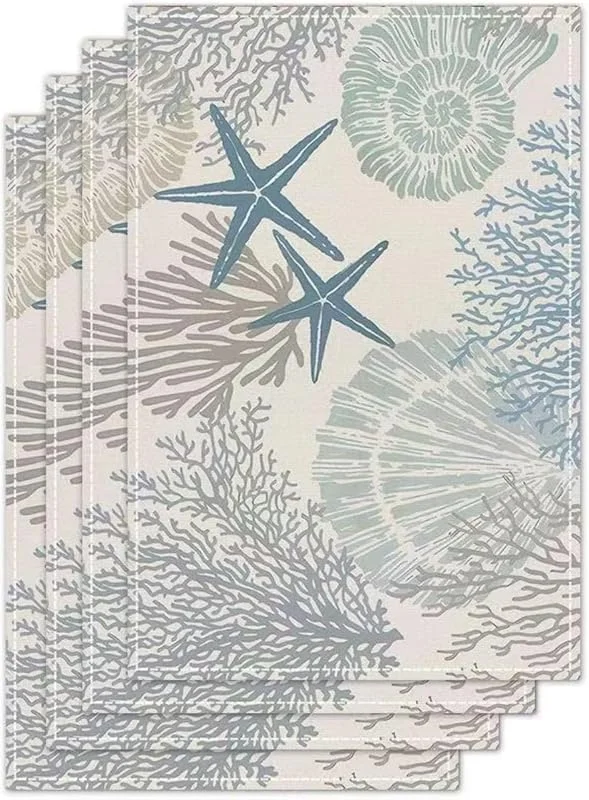 Marke: Generisch Blaue Maritime Platzsets, 4-teilig, Sommerkorallenmuster, Strand- Küsten-Platzsets für die Familie Küche. — Küche & Haushalt