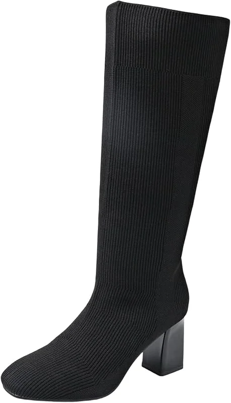Marke: Generisch Gestrickte Stretch-Stiefel mit hohem Absatz mittlerer Wadenhöhe, klobiger Absatz, modische Stiefeletten, Bequeme Schlupfstiefel für den Winter — Heizkleidung