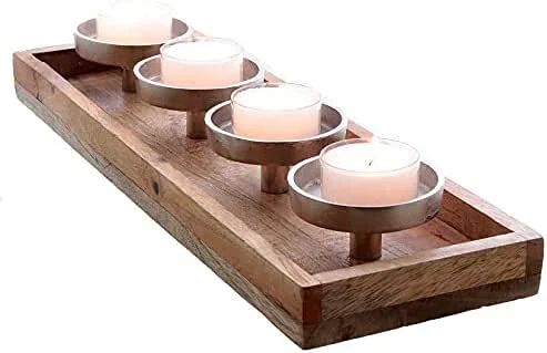 Besuche den Spetebo-Store Mango Advents Kerzenhalter - 47 x 15 x 7 cm - Massiv Holz Kerzenständer mit Aluminium Haltern — Advent und Tisch