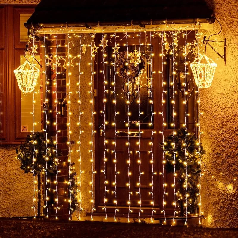 Besuche den SALCAR-Store SALCAR 6m x 3m LED Lichtervorhang Außen Weihnachten, Lichterkette Vorhang Innen mit 8 Modi und Memory, Weihnachtsbeleuchtung Outdoor Garten, Warmweiß