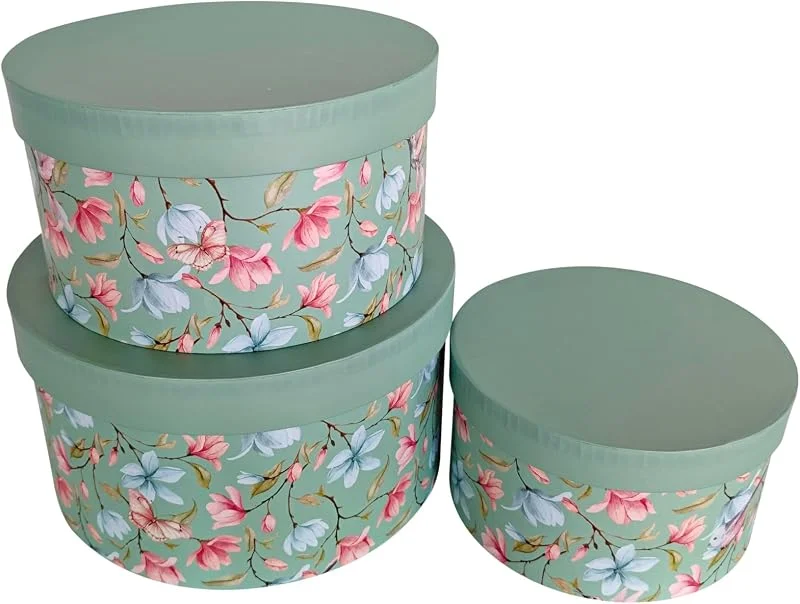 Marke: 2474U 3er-Set Geschenkboxen - PapeRoom - aus stabilem Karton – rund – grün mit Blumenmuster — Geschenkverpackung