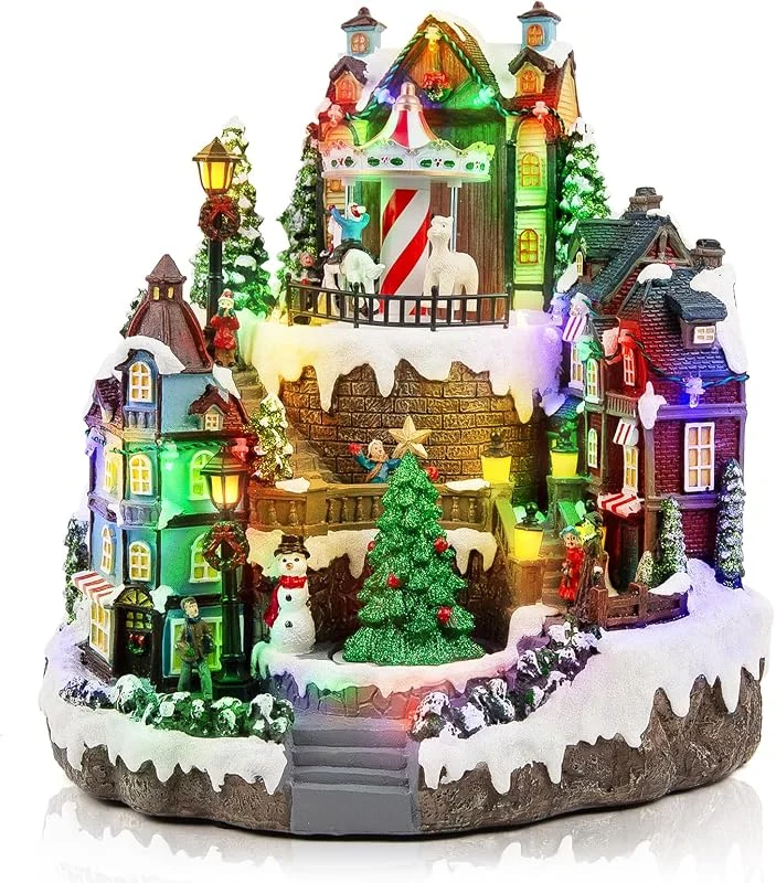 Marke: WeDoSoy LED-beleuchtetes musikalisches animiertes Weihnachtsdorf – 30 cm großes Weihnachts-Sammelgebäude mit drehbarem Karussell und Baum, Weihnachtsdekoration für Tischplatte oder Kaminsims