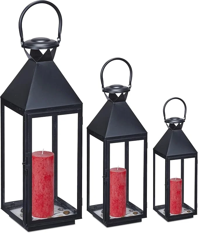 Besuche den Relaxdays-Store Relaxdays Laternen 3er Set, Dekolaternen für draußen & drinnen, 3 Größen, Metall, Glas, Windlichter für Kerzen, schwarz — Kerzenlicht Abendessen