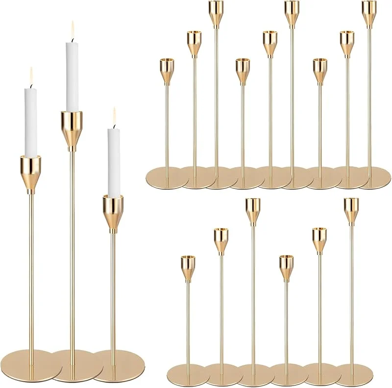 Marke: PWDAN Set mit 18 goldenen Kerzenhaltern, eleganter Kerzenhalter für Stumpenkerzen, dekorativer hoher Stumpenkerzenhalter für Tisch, Kaminsims, Hochzeit, Einweihungsgeschenk, Heimdekoration — Kerzenlicht Abendessen