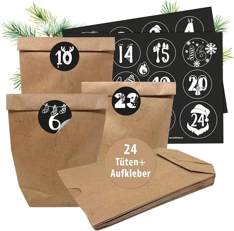 Besuche den TOBJA-Store TOBJA Adventskalender zum befüllen - 24 XL Kraftpapiertüten mit Aufklebern für den individuellen Weihnachtskalender Zum Selbstgestalten und Befüllen. Adventskalender Tüten basteln (Schwarz-Weiß) — Geschenkverpackung