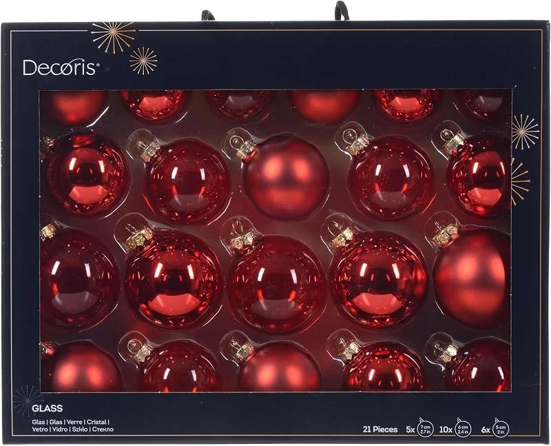 Marke: Decoris Decoris Weihnachtskugeln Glas 5-7cm 21er Set - matt & glänzend & transparent - Christbaumkugeln Weihnachtsbaumkugeln für Weihnachtsbaum - Kerstbal Glas d7 cm krd Ass 21st I kerst Weihnachtsrot — Advent und Tisch