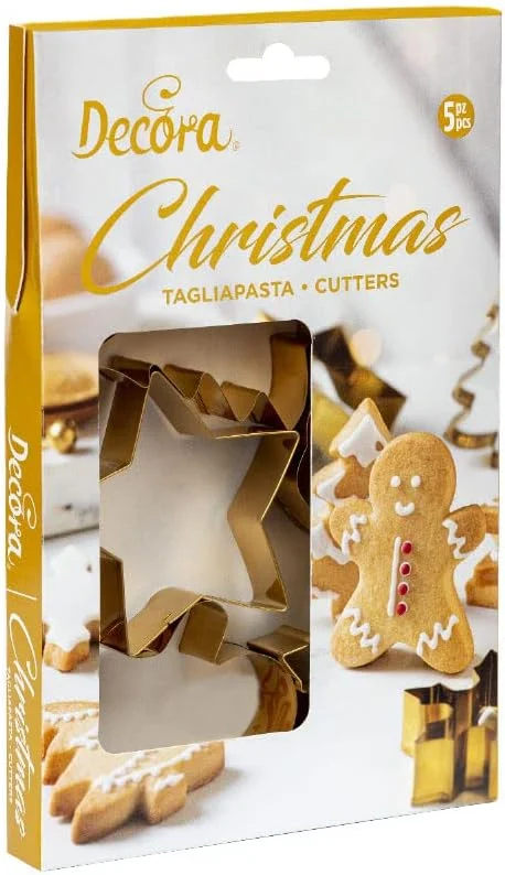 Marke: Decora Decora 0255410 Ausstecher Weihnachten, aus vergoldetem Stahl, aus Kunststoff, das ideale Set für Dekorationen aus Zuckerpaste oder Gummipaste, Made in Italy, originelles Design. Packung mit 5 Stück. — Weihnachtskueche