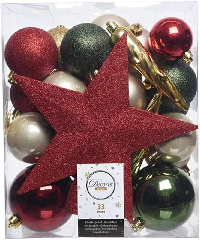 Marke: Decoris Decoris Box of 33 shatterproof Baubles Shiny, matt and Glitter red, Gold, Green, Pearl 8, 6, 5cm Assorted, Kunststoff, Mehrfarbig, 8cm — Weihnachtsdeko