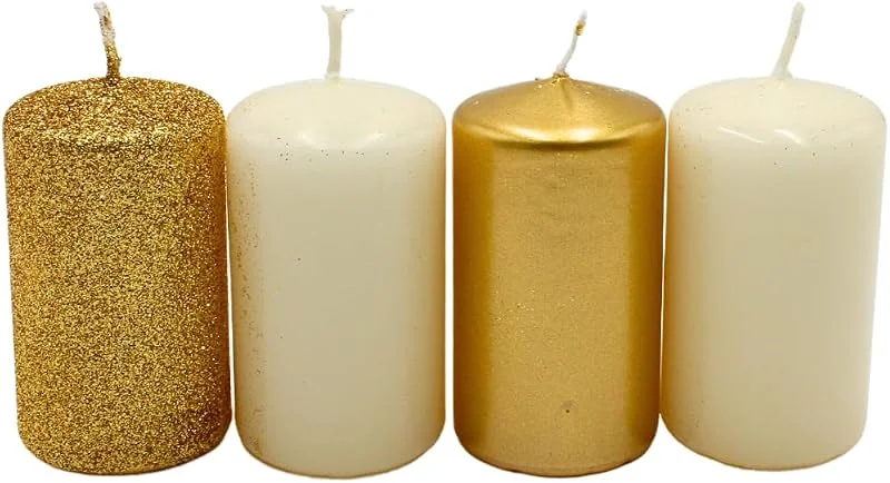 Besuche den Dekohelden24-Store Dekohelden24 Stumpenkerze, Adventskerzen, Adventskranzkerzen, in Gold und Elfenbein, Verschiedene Farbnuancen, Größe H, Ø ca. 7 x 4 cm, 250 gr, Brenndauer 4X 10 h — Advent und Tisch