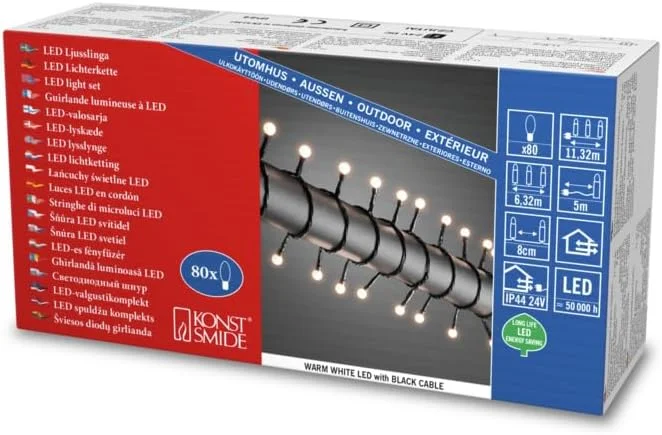 Besuche den Konstsmide-Store Konstsmide LED Globelichterkette, runde Dioden, 80 warmweiße Dioden, 24V Außentrafo, schwarzes Kabel - 3691-107 — Weihnachtsbeleuchtung