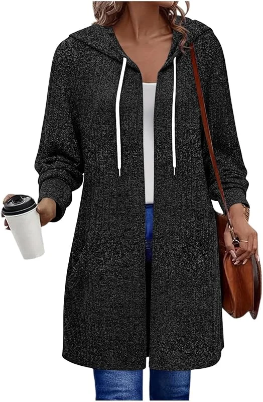 Besuche den Wyongtao-Store Kapuzenjacke Damen Winter Lang Strickjacke Offen Langarm Oversize Warm Kuschelig Weiche Oberbekleidung Locker Reißverschluss Lange Kapuze Jacke Damen mit Taschen für Date Abend Casual Ausgehen — Heizkleidung
