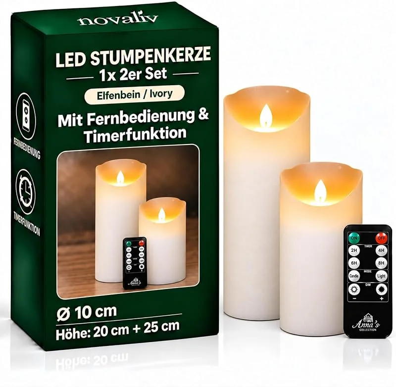 Besuche den Novaliv-Store Novaliv 2x Große LED Stumpenkerze Elfenbein Ivory ø 10cm x 20cm & ø 10cm x 25cm Höhe - je 2 C Batterien nötig LED Kerze mit Flackereffekt und Timer - LED Kerze groß Weihnachtsbeleuchtung flammenlos — Advent und Tisch