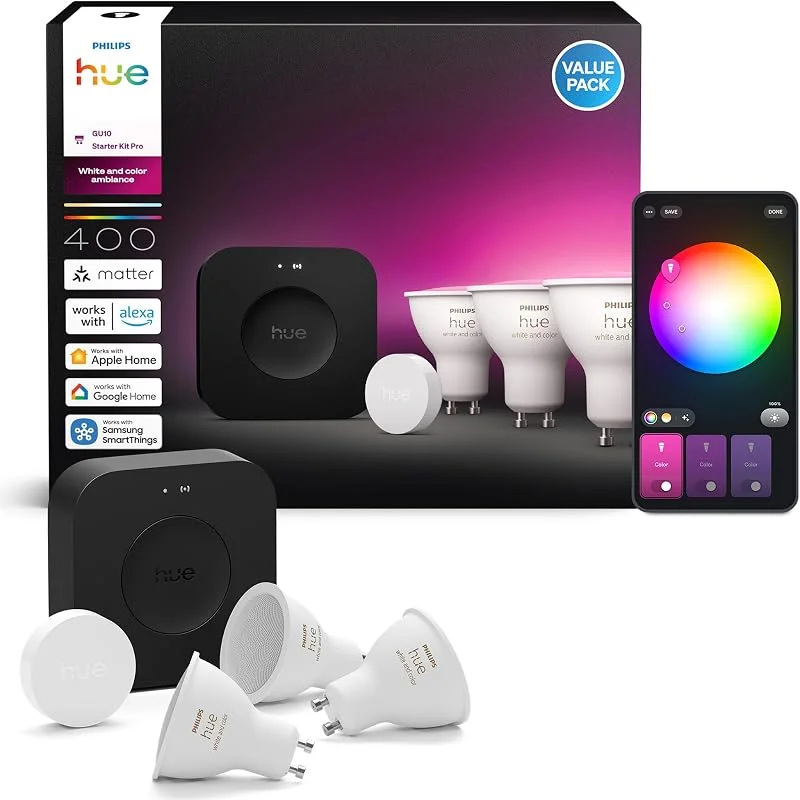 Philips Hue Starter Kit: Bridge Pro + 3x GU10 LED Spots + Smart Button — Weihnachtsbeleuchtung