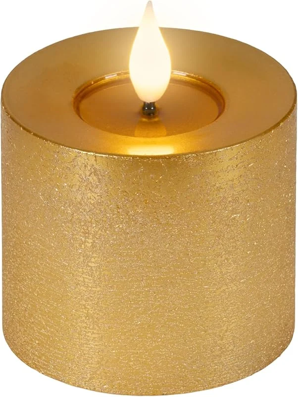 Marke: Lumineo Lumineo LED Kerze 7, 5x9, 5cm mit Timer Wachs Flacker-Effekt Gold, Warmweiß — Kerzenlicht Abendessen