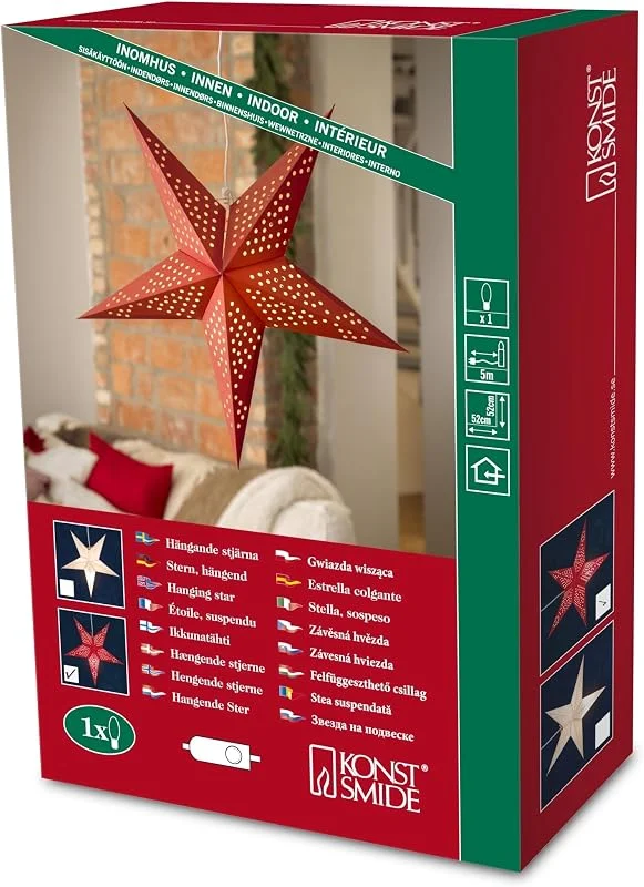 Besuche den Konstsmide-Store Konstsmide Roter Papierstern, perforiert, 5 Zacken, inkl. Anschlusskabel mit an, aus Schalter, ohne Leuchtmittel, E14 Lampenhalterung, 230V, Innen, weißes Kabel - 2976-500 — Weihnachtsdeko