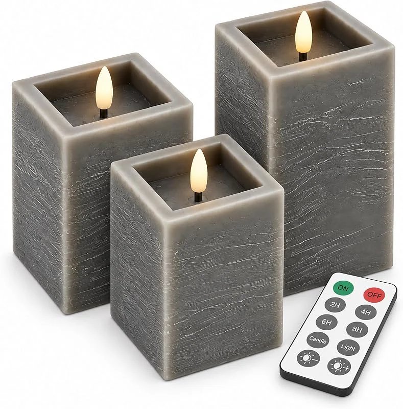 Besuche den Relaxdays-Store Relaxdays LED Kerzen 3er Set, Fernbedienung, flackernde Flamme, Timer, grau — Kerzenlicht Abendessen