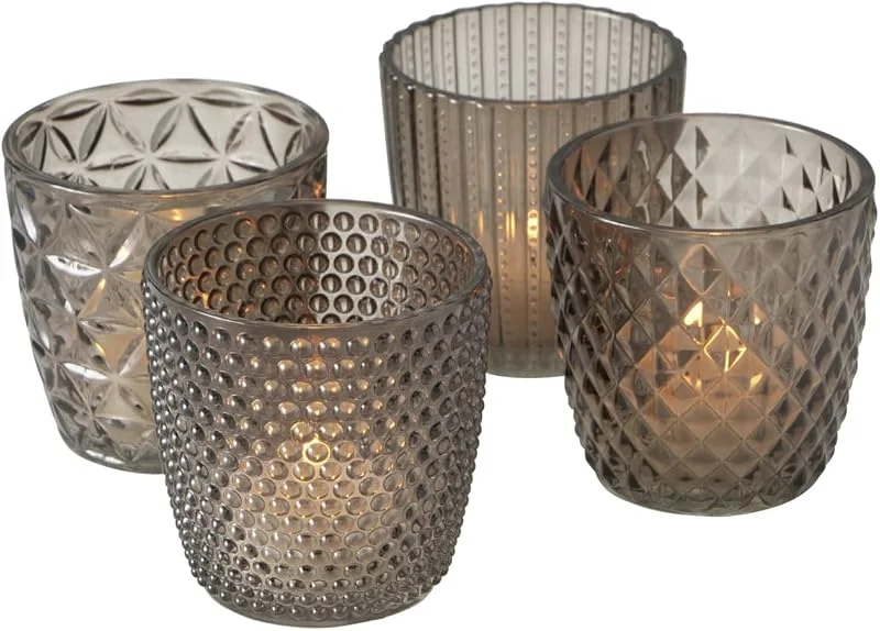Marke: BOLTZE Boltze Windlicht Set Marilu 4-teilig (grau, Deko-Gläser für Kerzen, Teelichter, Kerzenständer ø 8 cm, verschiedene Muster, Form rund, Teelichthalter) 2002930 — Advent und Tisch