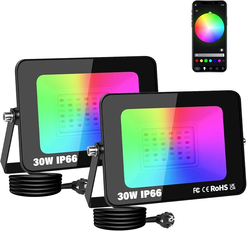 Besuche den AUXTINGS-Store AUXTINGS 2 Stück RGB Strahler Outdoor 30W, LED Strahler Bunt Mit APP Steuerung, 2700K Warmweiß & Million Farben Farbwechsel Dimmbar Fluter für Außen Innen Halloween, Weihnachten, Party IP66 Wasserdicht — Weihnachtsbeleuchtung