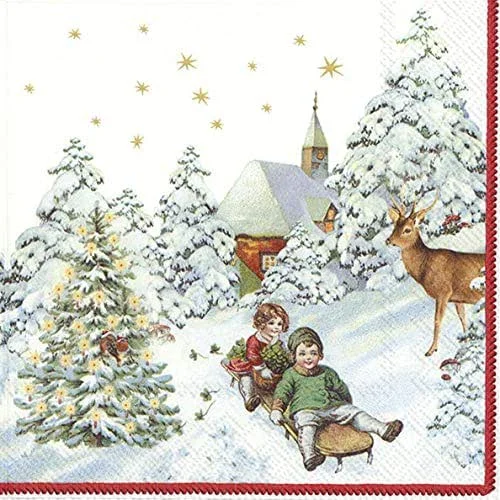 Besuche den Serviettenshop-Store Servietten Weihnachten 20 Stück 3-lagig 33x33cm Rodelnde Kinder als Motiv, Rot, Grün, Weiß, Papierservietten — Advent und Tisch