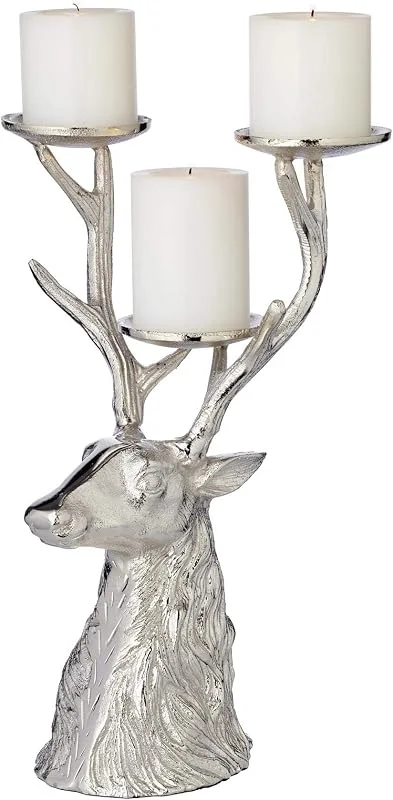 Besuche den EDZARD-Store EDZARD Kerzenhalter Hirsch 3-flammig (H 32, 5 cm) vernickelt, Stumpenkerzen — Kerzenlicht Abendessen