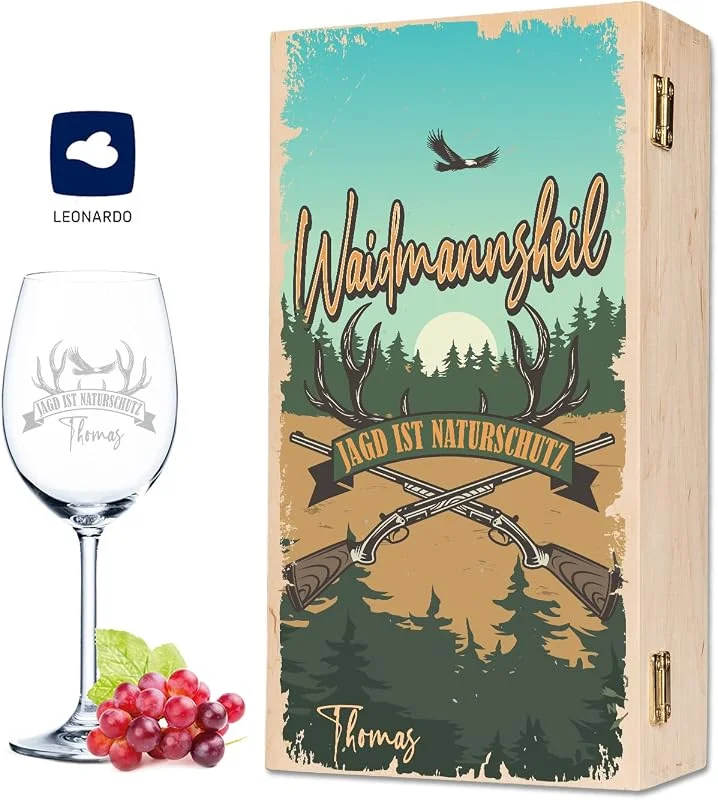Besuche den GRAVURZEILE-Store GRAVURZEILE Graviertes Weinglas - Waidmannsheil Design - Personalisiert mit Name inkl. bedruckter Holzkiste - Geschenk zum Geburtstag für Sie & Ihn — Wein und Festtafel