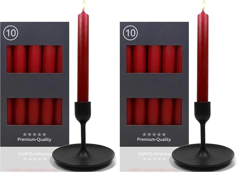Besuche den Candelo-Store Candelo 10er Set Leuchterkerzen - Tafel Kerze Karminrot - 18, 5cm 7, 5 Std Brenndauer - Haushaltskerzen für Kerzenständer und Kronleuchter - Stabkerzen (Packung mit 2) — Kerzenlicht Abendessen