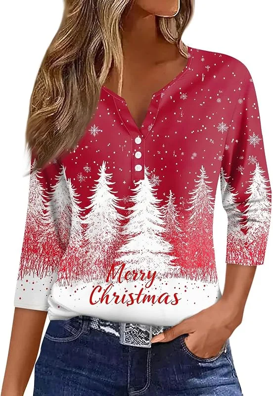 Marke: SCBFDI Weihnachtsshirt Damen V Ausschnitt Shirt 3, 4 Arm — Weihnachtsmode