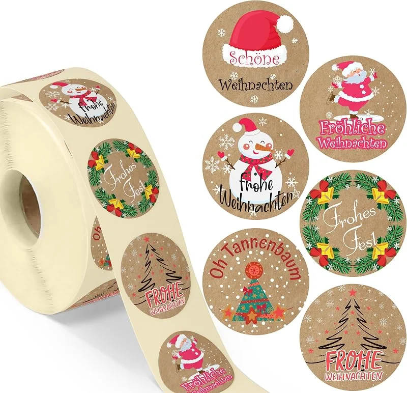 Besuche den colortouch-Store colortouch Aufkleber Weihnachten - 500 Stück Kraftpapier Optik Weihnachtsaufkleber - Frohe Weihnachten Sticker - 35 mm Rund Rolle Vintage Selbstklebend Weihnachtssticker für Geschenktüten, Verpackung — Geschenkverpackung