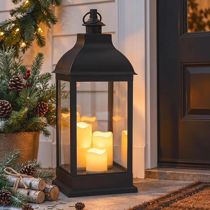 Besuche den Spetebo-Store XL Laterne schwarz mit 3 LED Flammeneffekt Kerzen für Außen - 60cm — Kerzenlicht Abendessen