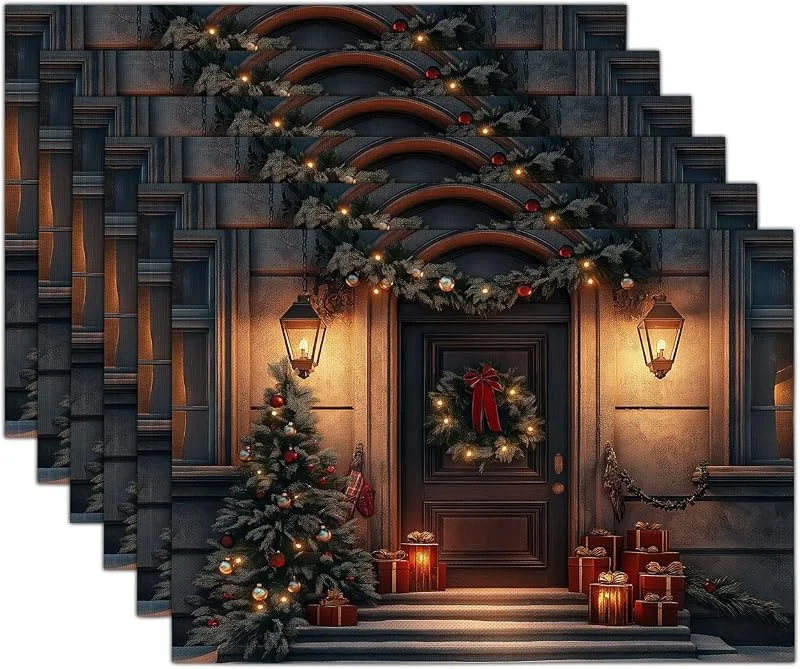 Marke: GDJSMIN 4er Set Weihnachten Platzsets, Blick Von Der Veranda Bei Nacht Platzset, Weihnachtskranz-Geschenkbox-Muster Tischsets für Bankett Platzdeckchen Zuhause Küche Party Deko Weihnachtsdeko, 40 x 35cm — Küche & Haushalt
