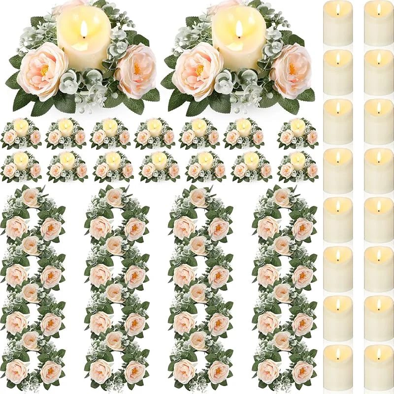 Marke: Yunlly Yunlly Flammenlose LED-Kerzen mit Rosen-Kerzenringen, Kränzen, 7, 6 cm in der Mitte, künstliche Rosenlicht-Girlande, künstliche Votiv-Teelichter, Großpackung, Beerdigung, Hochzeit, Tischdekoration — Kerzenlicht Abendessen