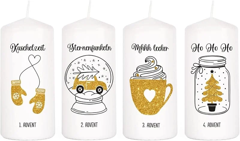 Besuche den Herz & Heim-Store Herz & Heim® Kerzen Set mit winterlichen Motiven als Adventskranz, mit Wunschtexten personalisiert — Advent und Tisch