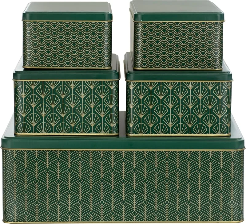 Marke: BALOU LIVING 5er Set Keksdose Weihnachten eckig aus Metall, grün, gold — Weihnachtskueche