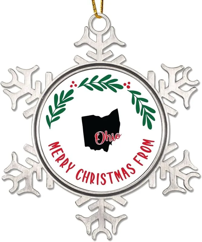 Marke: CowkissSign Merry Christmas From Ohio States Metall Schneeflocke Weihnachten Ornament Ohio Weihnachtskranz Xmas Tree Ornaments Patriotische USA Staat Weihnachtsdekoration Home Decor Weihnachtsbaum Geschenk