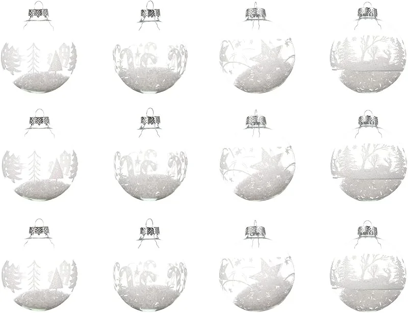 Marke: Decoris Decoris Weihnachtskugeln mit Motiven Glas 8cm x 12 Stück gefüllt Glitzer Christbaumkugeln klar weiß — Weihnachtsdeko