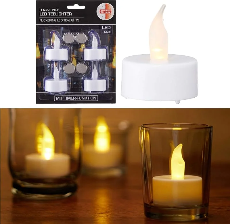 Besuche den Cepewa-Store LED Teelicht 4er Set weiß mit Timer warmweiß Kerzen flackernde Teelichter — Kerzenlicht Abendessen