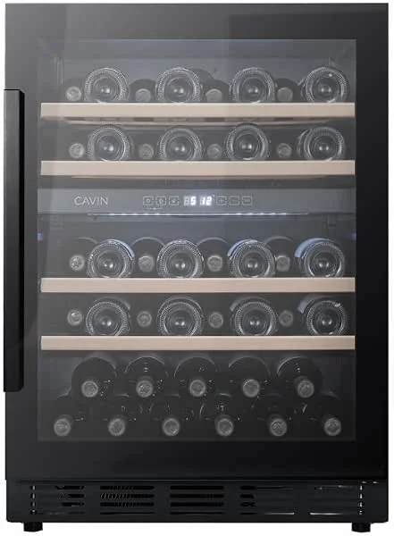 Besuche den Cavin-Store Cavin Unterbau Weinkühlschrank, Arctic Collection 60D Fullglass Black, schwarz, Platz für 46 Flaschen, zwei einstellbare Temperaturzonen, LED-Beleuchtung, skandinavisches Design — Wein und Festtafel