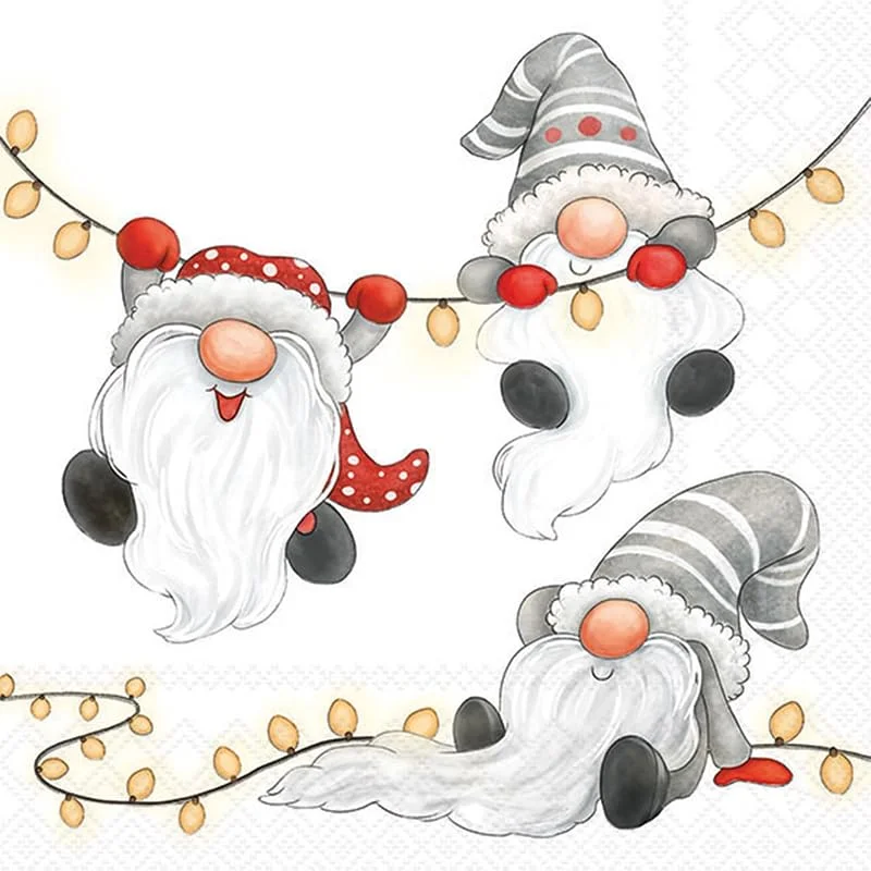 Besuche den Ambiente-Store 20 Servietten Weihnachten Gnome und Lichterketten weiß als Tischdeko. Papierservietten mit Motiv. Auch für Decoupage und Serviettentechnik 33x33cm — Advent und Tisch
