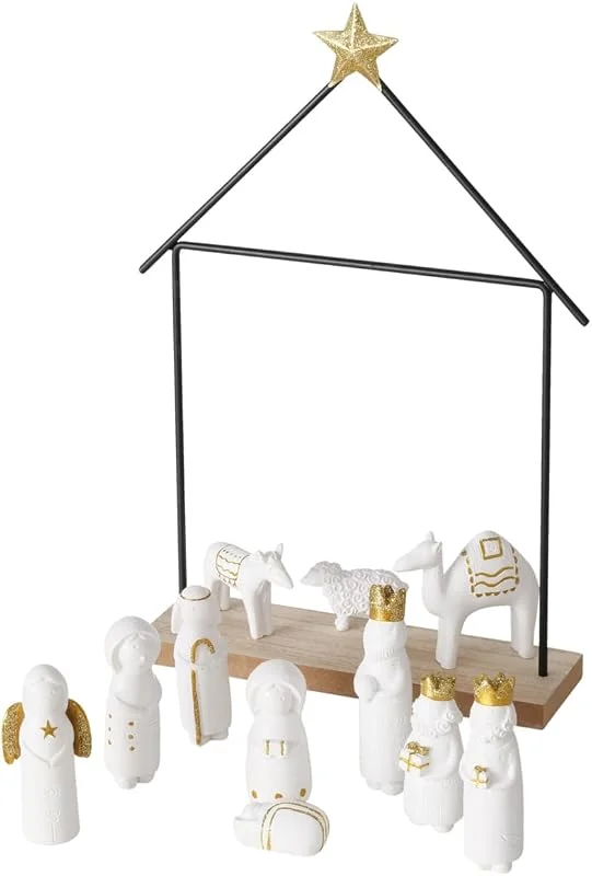 Marke: RiloStore 32x22cm Tischkrippe mit Figuren 12 TLG. Krippe Natur b144 braun Weiss Gold Farben Deko Figuren Christus Jesus Weihnachtskrippe Kunstharz Weihnachten Geschenk Tischdeko Krippenfiguren — Advent und Tisch