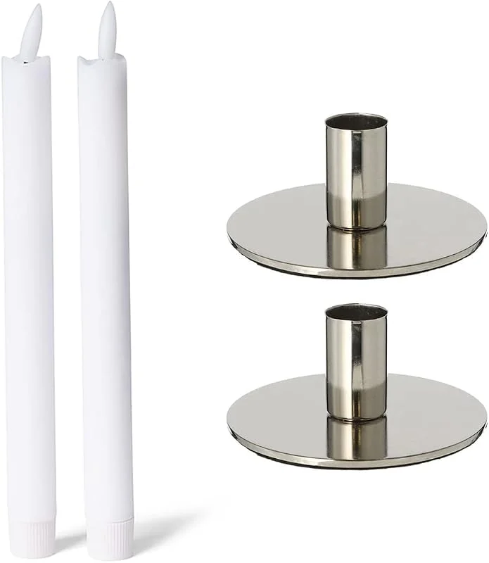 Besuche den Novaliv-Store Novaliv 2er-Set Stabkerzenhalter Metall Silber 10x5cm mit LED-Stabkerze Echtwachs elektrisch batteriebetrieben flammenlos Vintage Kerzenhalter Retro Home Deko weihnachtliche Tischdeko Kerzenständer — Kerzenlicht Abendessen