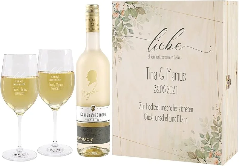 Besuche den Herz & Heim-Store Herz & Heim® Hochzeitsgeschenk Wein mit gravierten Leonardo Weingläsern in bedruckter Weinkiste Grauer Burgunder, Rivaner — Wein und Festtafel
