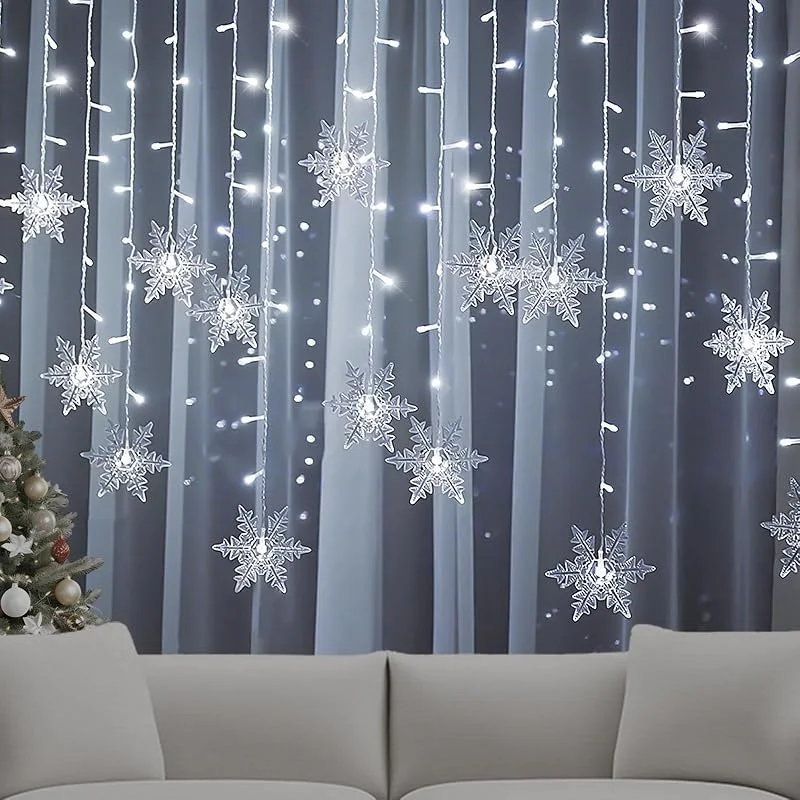 Marke: Fohil Lichtervorhang für Weihnachten, LED, Schneeflocke, Lichterkette, batteriebetrieben, wasserdicht, 96 LEDs, 8 Modi, Lichtervorhang, Innenbereich, Weihnachtsdekoration, für Innen, Außen, Schlafzimmer — Weihnachtsbeleuchtung