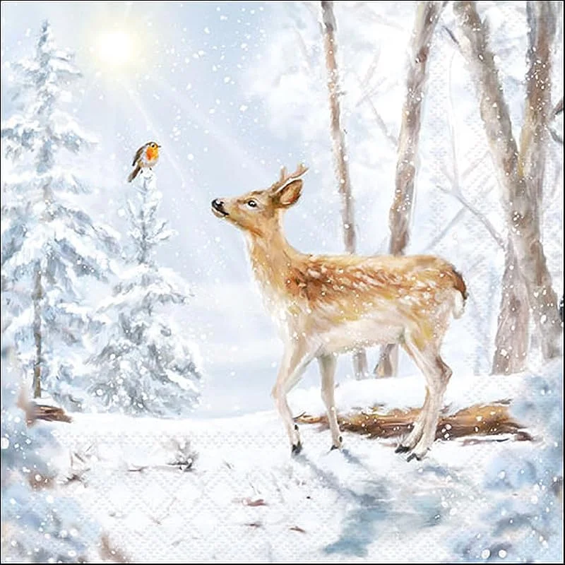 Besuche den Ambiente-Store 20 Servietten Winter Reh trifft Vogel im Winterwald als Tischdeko. Papierservietten mit Motiv. Auch für Decoupage und Serviettentechnik 33x33cm — Advent und Tisch