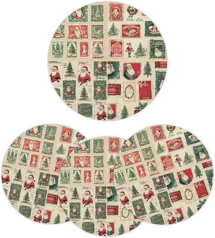 Marke: Mexpekil Mexpekil Platzsets im Vintage-Stil, Weihnachtsmann-Muster, rund, rutschfest, hitzebeständig, gewebt, für Esstisch, waschbar, Küchentisch, moderne Dekoration für Hochzeit, Weihnachten, 4 Stück — Küche & Haushalt