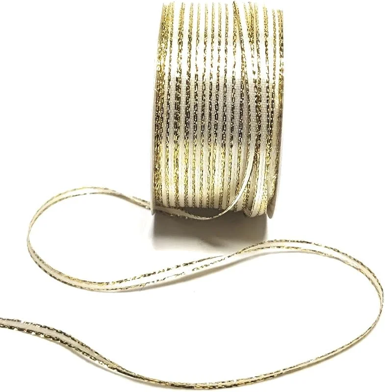 Marke: s.dekoda Satinband 50m x 3mm Cremeweiß - Gold Weihnachtsband Schleifenband Dekoband Geschenkband [1371] — Geschenkverpackung