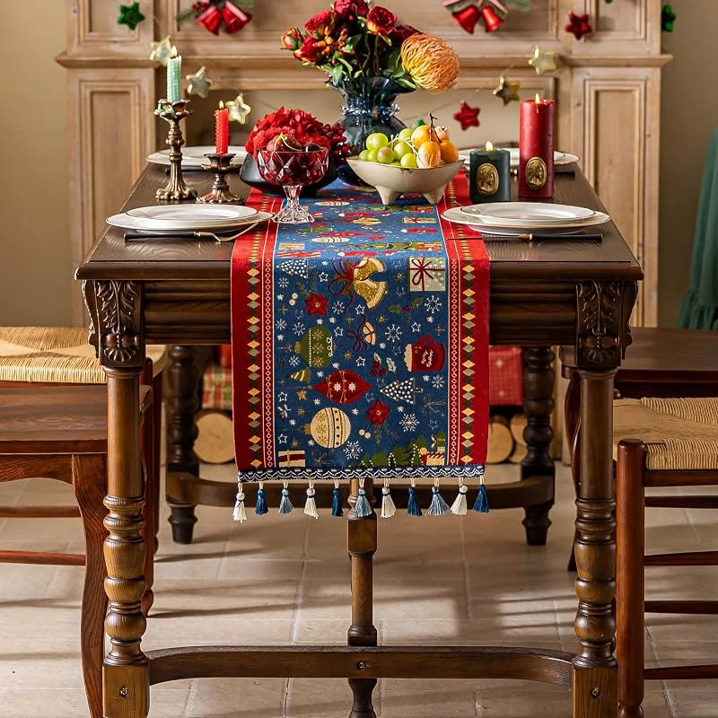Besuche den MocArt-Store MocArt Weihnachts-Quasten-Tischläufer, Waschbare Tischdekoration, Für Weihnachtsfeiertage (Esszimmer, Schlafzimmer, Schminktisch, Beistelltisch) (Blauer Hintergrund & Teetasse, 35 x 180 cm) — Küche & Haushalt