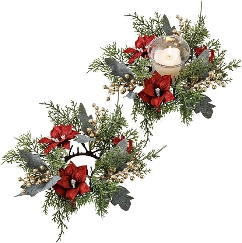 Marke: HiyyFloy HiyyFloy 2 Stück Weihnachtsstern-beeren-kerzenringe, Kranz, Küchenschrank, Weihnachtskränze, Tischdekoration, Mini-Ringe, Kerzenhalter Für Säulen, Fenster, Stühle, Wanddekoration — Weihnachtsdeko