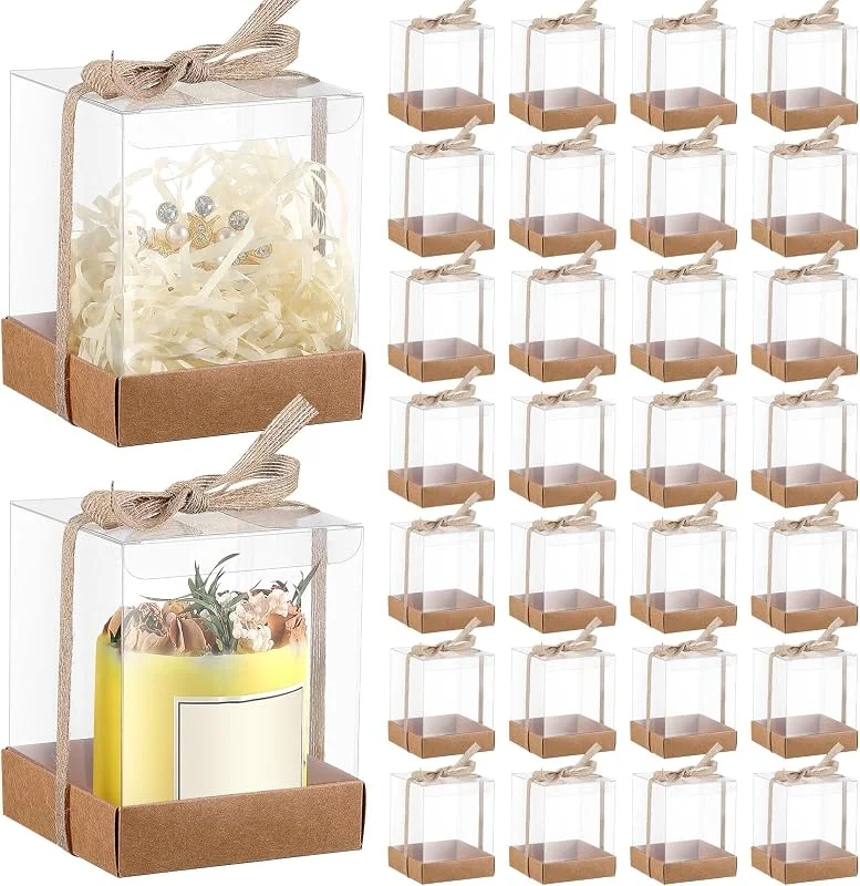 Marke: Cunno 36er-Set, 8, 9 x 8, 9 x 10, 9 cm, transparente Kerzen-Geschenkbox, Verpackung, 113, 4–510 ml, Teelichthalter, Bulk-Papier-Bodenabdeckung mit Band, für Weihnachten, Hochzeit, Babyparty, Party — Geschenkverpackung